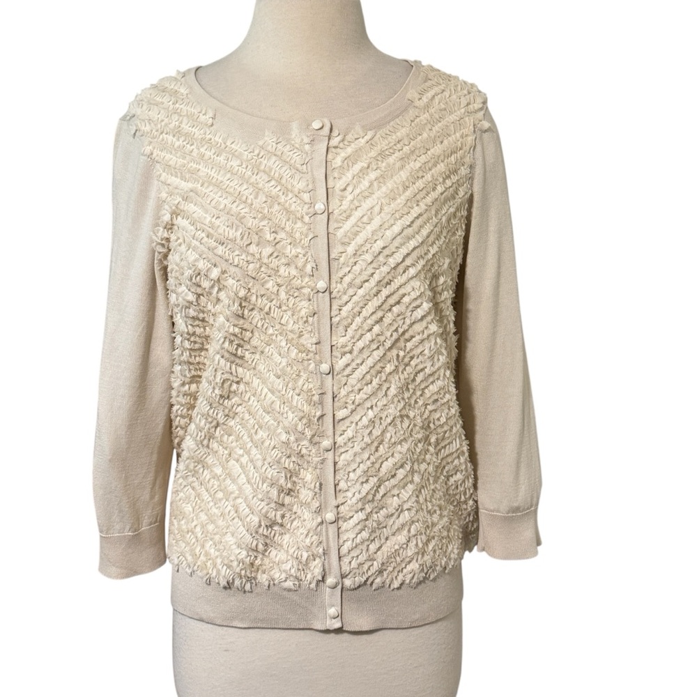 Talbots Cream Textured Ruffle Silk and Cotton Blend Cardigan with 3/4 sleeves.